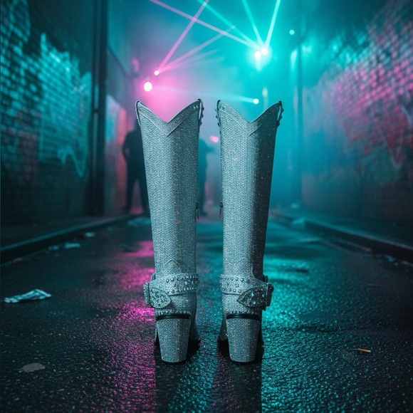 SHARP SHERIFF SHINE KNEE HIGH BOOTS -SILVER - Picture 2 of 4